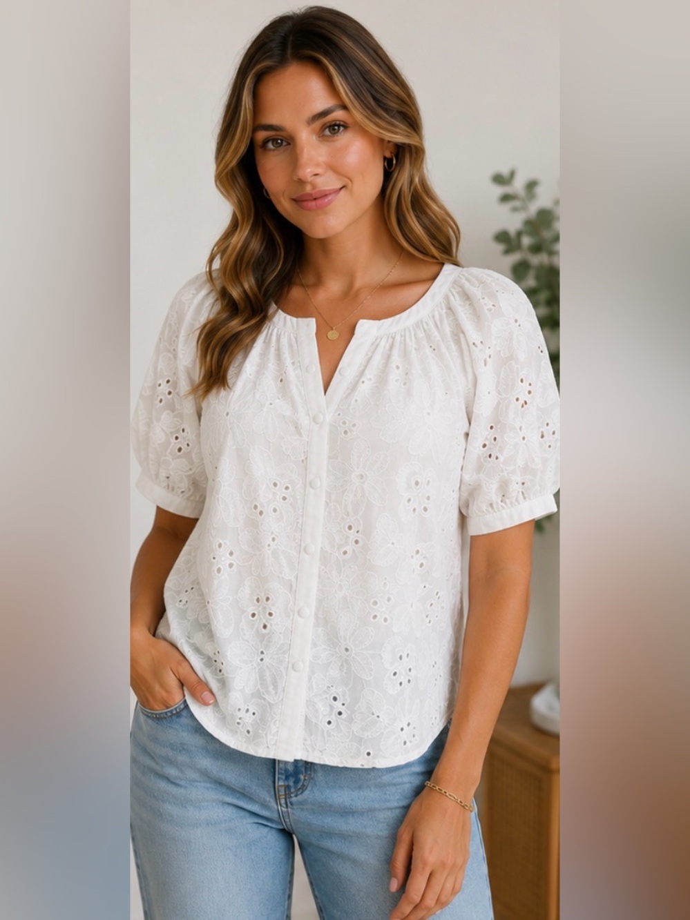617 NWT Nicole Miller Atelier White Floral Eyelet Embroidered Puff Sleeve Cotton